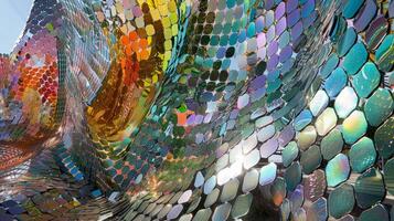 One of the most striking installations in the Green Pavilion is a largescale sculpture made entirely out of kinetic tiles. As visitors admire the intricate design and color changing photo