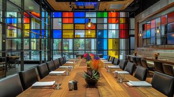 Moving on we have a multifunctional dining room that transforms into a private event space. The smart glass windows can be controlled to create different moods from a formal dinner photo