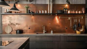 In the kitchen sleek copper metal sheets cover the backsplash adding a reflective and gl element to the raw concrete countertops and exposed pipes. The combination of industrial and photo