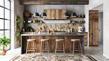 A rustic farmhouse kitchen features a handloomed wool rug in a bold geometric pattern adding a pop of color and texture to the space. The kitchen island is topped with a butcher block photo