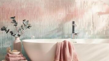 In the bathroom a beaded wallpaper in a subtle ombre effect adds a touch of elegance and luxury. The beads are arranged in a gradient of soft pastel colors creating a soothing and photo