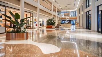 In a large retail space a terrazzo floor is used as a unifying design element seamlessly connecting different areas and creating a cohesive look. The neutral color palette and geometric photo