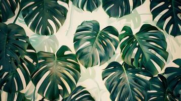 The statement wallpaper in the fitting room area features a bold oversized print of monstera leaves in shades of deep green and soft beige. The contrast between the dark leaves and photo
