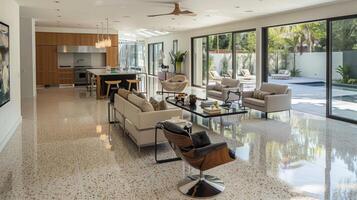 The spacious living room features a seamless blend of old and new design with a beautifully restored terrazzo floor in a classic neutral color palette. The traditional flooring is photo