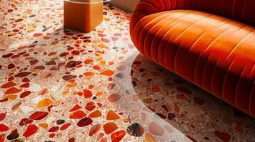 The canvas highlights a terrazzo floor in rich and warm tones of red and orange. The surface features a stunning array of colorful stone and glass chips tered in a random yet harmonious photo