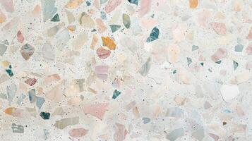 A beautifully detailed image of the canvas showcases a terrazzo floor with a touch of vintage charm. The surface boasts a soft palette of pastel hues including soft pinks greens and photo