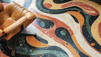 The canvas reveals a terrazzo floor with a stunning combination of cool and warm tones. The surface is adorned with bold swirls and swatches of colors resembling a vibrant abstract photo