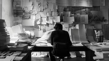 A black and white image of an architect sitting at their desk surrounded by piles of crinkled paper and architectural models as they work through different ideas for their next project. photo