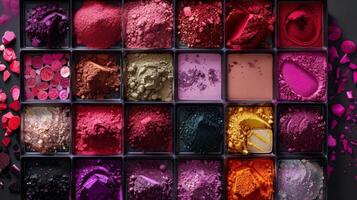 A makeup kit open to reveal an array of colorful powders liquids and creams. Each product is labeled with the color it produces from deep magenta to soft lavender representing the photo