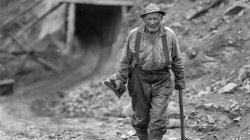 A miner wearily trudges up a steep incline his pickaxe slung over his shoulder and his boots caked with mud. Behind him the mine entrance looms ominously a constant reminder of the photo