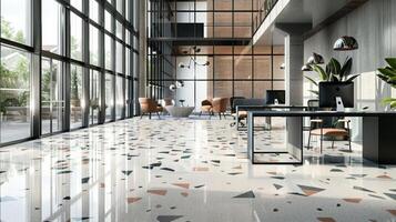 The office space at Luxury Rewritten is a true display of modern luxury with its high ceilings and grand Terrazzo flooring. The large geometric tiles are arranged in a mesmerizing photo