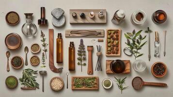 A creative portrait featuring a the surrounded by an unconventional collection of tools including essential oils tuning forks and cups highlighting their unique and diverse approach photo