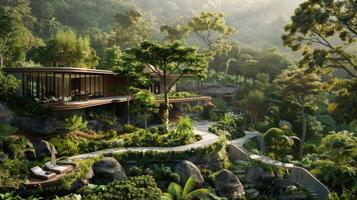 In a remote mountain location an architect sits amidst a lush garden surrounded by trees and winding paths. The EcoWarriors passion for blending nature with modern design is evident photo