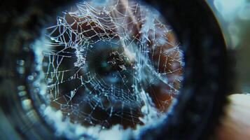 A closeup shot through the viewfinder captures the intricate patterns of a spiders web as the photographer marvels at the natural beauty of the tiny world within the lens. photo