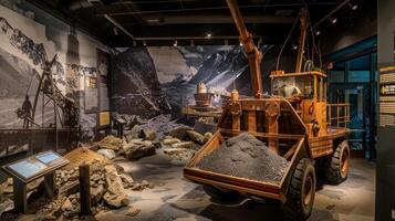 A museum exhibit dedicated to mining with displays of old tools equipment and photographs from miners of the past. The exhibit serves as a tribute to the hard work and sacrifices of photo