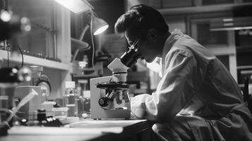 A scientist crouches down to inspect a microscope adjusting the lens ever so slightly to get a better view of the specimen below. The room is quiet except for the gentle hum of machines photo