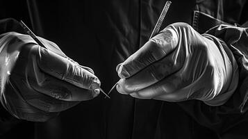 A black and white image of a surgeons hands holding a scalpel in a precise and steady grip showcasing the importance of skill in this profession. photo