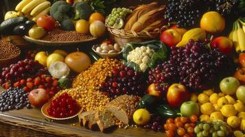 A table overflowing with vibrant fruits vegetables and grains symbolizing the abundance of healthy options from various cultural backgrounds. photo