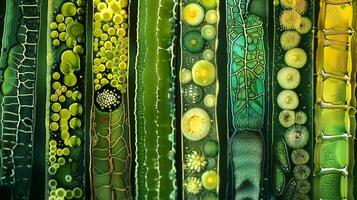 Lined up in a neat row a series of slides display the intricate structures of various plant cells each one carefully studied and documented by the dedicated botanist. photo