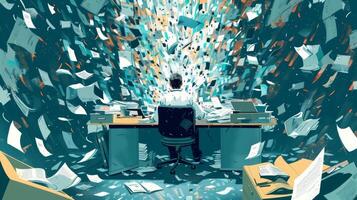 Moving away from nature the third image shows a man surrounded by a chaotic office environment. Papers and folders are strewn everywhere but the man appears unfazed as he balances photo