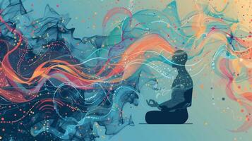 An artistic illustration of a person sitting in a meditative pose with swirling patterns of data and graphs emanating from their mind. This portrayal highlights the mental prowess photo