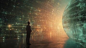 In this portrait the data yst stands tall in front of a massive wall of data. The glowing landscape of binary code seems to come alive as it forms an intricate and detailed globe. photo