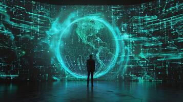 A lone figure stands before a massive screen their silhouette illuminated by the pulsing blue and green lights of binary code. As the code swirls around them it creates a stunning photo