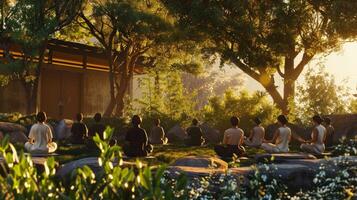 Finally the last image takes us to a peaceful garden where a group of meditators sit in perfect stillness and tranquility. They are surrounded by nature their bodies and minds in complete photo