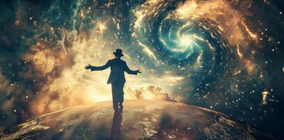 A man in a top hat and tails stands at the edge of a magical looking glass his hand reaching out as if beckoning the viewer to join him in a world of wonder and mystery. photo
