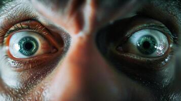 A mans face contorts with a mix of fear and excitement his eyes wide with adrenaline. photo