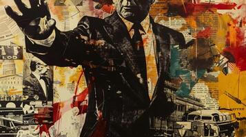 The portrait captures the politician in a moment of passionate speech their hands gesturing and their expression full of conviction. The background features a collage of important photo