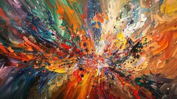 In a burst of fiery energy the artist explodes onto their canvas splashing and swirling paints in a chaotic frenzy. With each bold stroke they let go of their inhibitions and allow photo