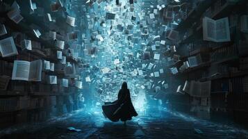 A mesmerizing scene unfolds as the word wizard weaves their linguistic magic surrounded by layers of floating words in various languages. With a flurry of movement the words begin photo