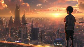 A child stands on a balcony overlooking the city a sense of wonder in their eyes as they take in the futuristic skyline. This dreamer represents the generation that will grow up in photo