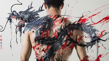 Bold traditional Japanese art covers their entire back skillfully blending black and red ink to create a stunning effect. photo