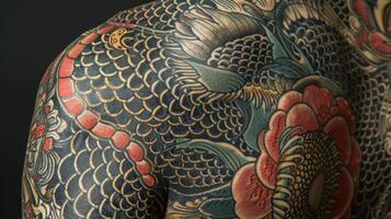 The intricate patterns and designs of a tattooed persons skin a canvas for selfexpression and individuality. photo
