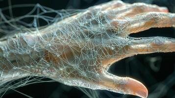 The intricate webbing of s and tendons visible along the back of a hand resembling a network of intersecting lines. photo