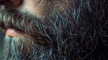 A closeup of a mans beard featuring various lengths and textures in the individual strands emphasizing the individuality of hair growth. photo
