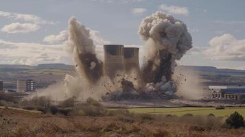 Explosions echo through the surrounding landscape as the outdated coal power plant is brought down in a controlled manner photo