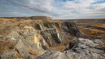 A rugged terrain with steep cliffs and deep craters has emerged from years of lignite mining operations photo