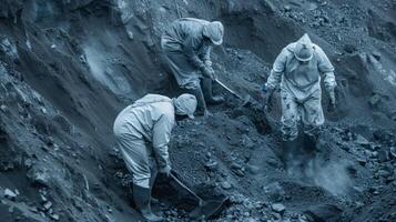 A team of workers in hazmat suits carefully handle chemical solutions using them to treat and purify coal before it enters the burning process photo