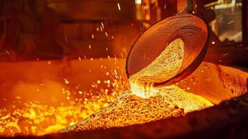 A large ladle filled with molten metal covered in a layer of glowing sparks being poured into a waiting furnace for further refining photo