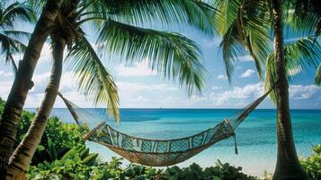 A hammock hangs between two towering palm trees overlooking a sparkling blue ocean in the distance photo