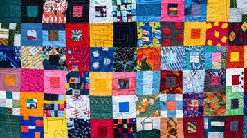 A collaborative community quilt where each square is decorated by a different member of the community representing their unique stories and experiences photo