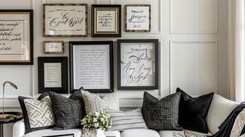 A gallery wall filled with various size frames each containing a different empowering quote written in elegant calligraphy photo