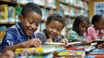 A group of children giggle and whisper as they flip through colorful picture books in the childrens section of the library photo