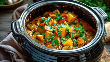 A slow cooker filled with a mouthwatering vegetable curry its es blending and intensifying over time photo