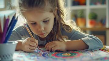 A child coloring a mandala concentrating on each intricate detail and using it as a tool for mindful focus and selfexpression photo