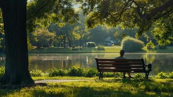 On a busy morning commute a person sits on a bench at a quiet park enjoying the peaceful sounds of nature while watching the world go by photo