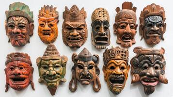 A set of handcarved wooden masks each representing a different deity or mythological figure from various cultures highlighting the similarities and differences in belief systems photo